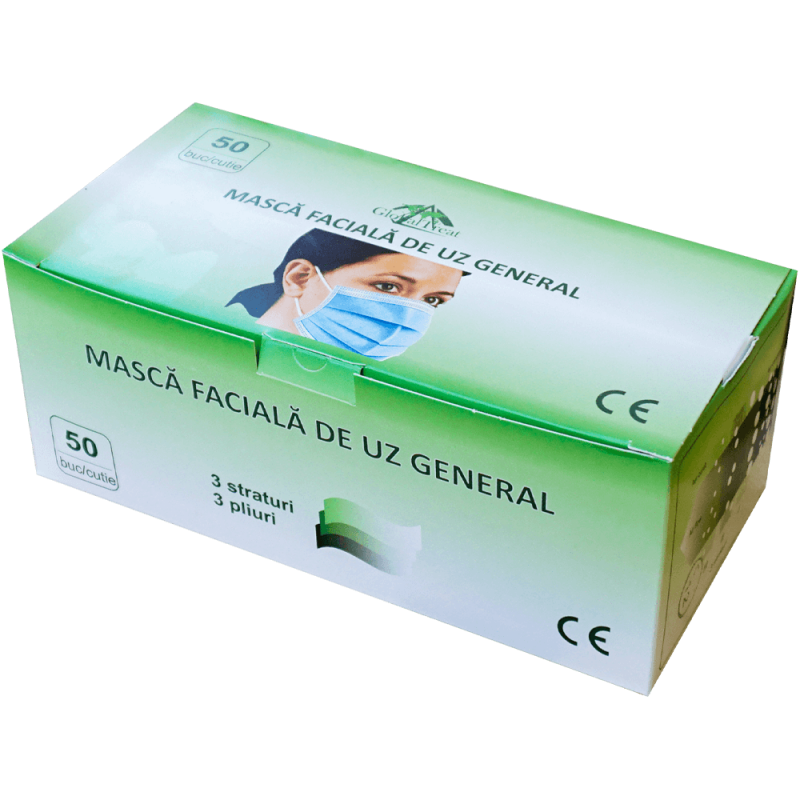 Set 50 bucati masti faciale de uz medical, unica folosinta, 3 straturi, 3 pliuri, albastre, tip II